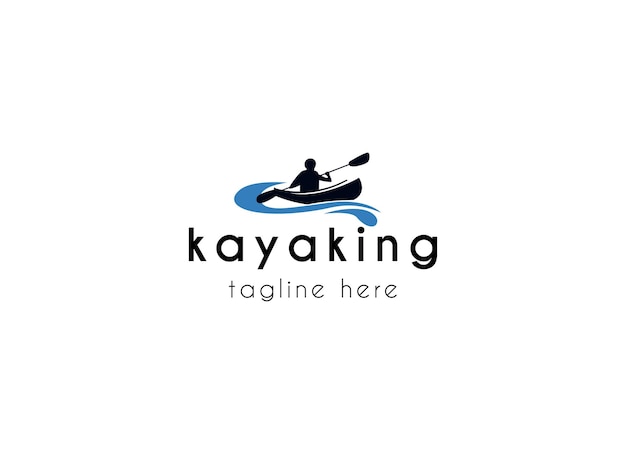 kayak boat paddle pedal silhouette of river stream kayaker logo design