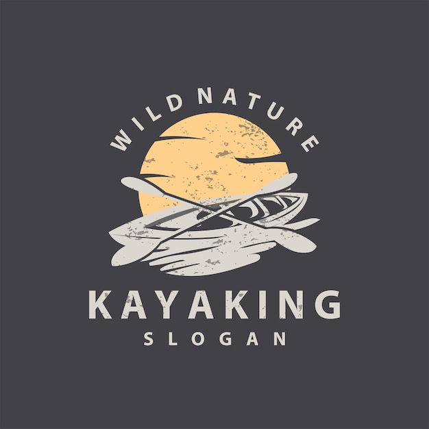 Logo del kayak, canoa, pagaia, avventura selvaggia, design del fiume, illustrazione vettoriale, stile vintage