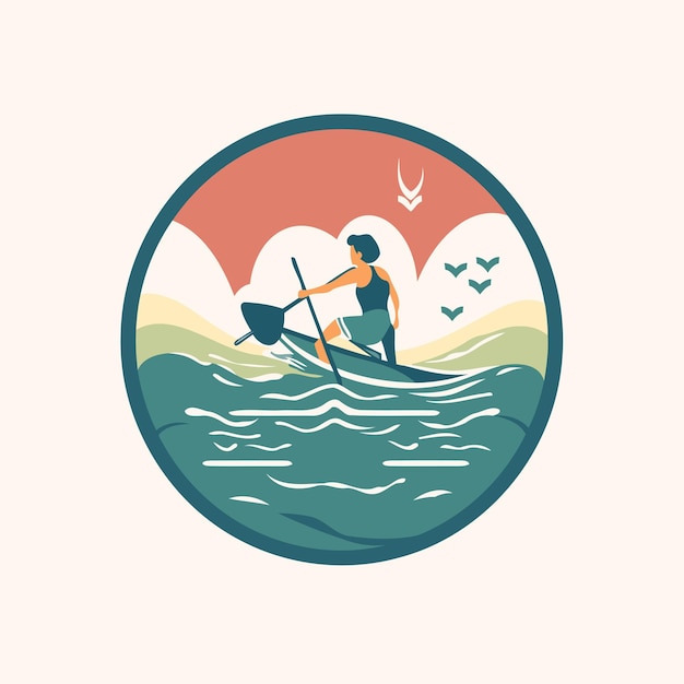 Kayak platte icoon vector illustratie kanoën in de zee
