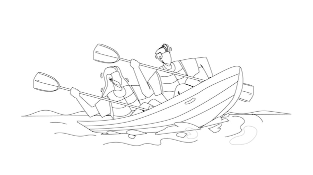 Kayak viaggiare coppia persone insieme linea nera disegno a matita vettore. giovane uomo e donna sportivi con pagaie in kayak sul fiume. personaggi kayak sport estrema attivo tempo illustrazione