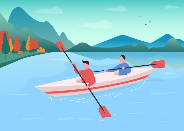 Kayaking flat color illustration. Canoeing for recreation. Athlete swimming with oar in boat. Active lifestyle. Watersport team 2D cartoon characters with landscape on background