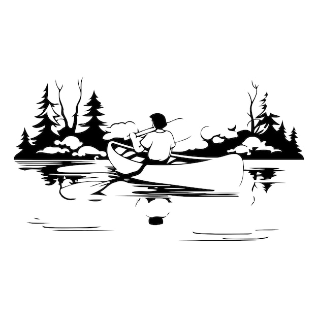 湖でカヤックを漕ぐ平面漫画スタイルのベクトルイラスト