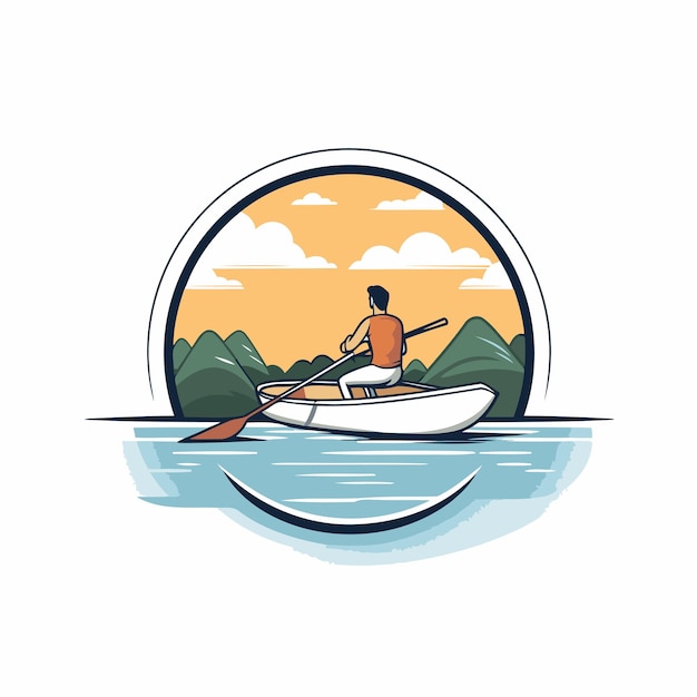湖でカヤックを漕ぐ平らなスタイルのベクトルイラスト