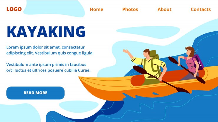 Kayaking landing page web template. Young People Row Kayak
