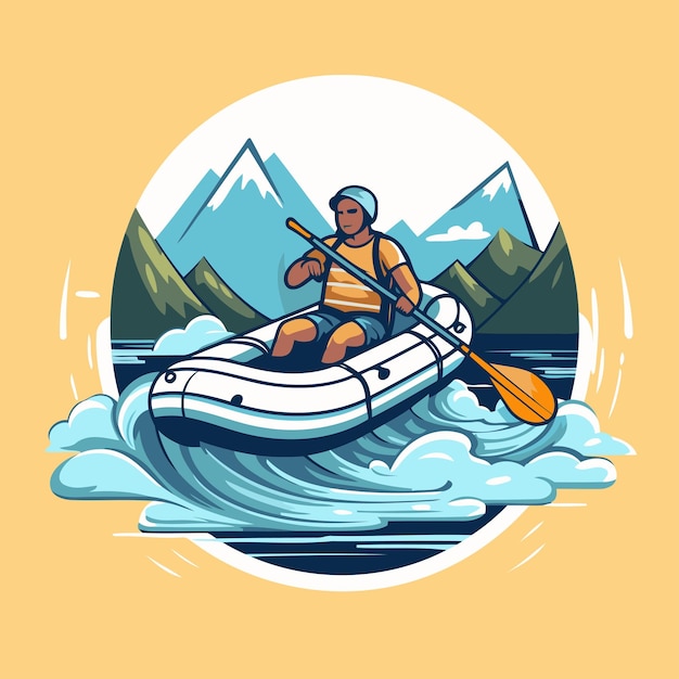 Kayaking in the mountains Vector illustration on a yellow background