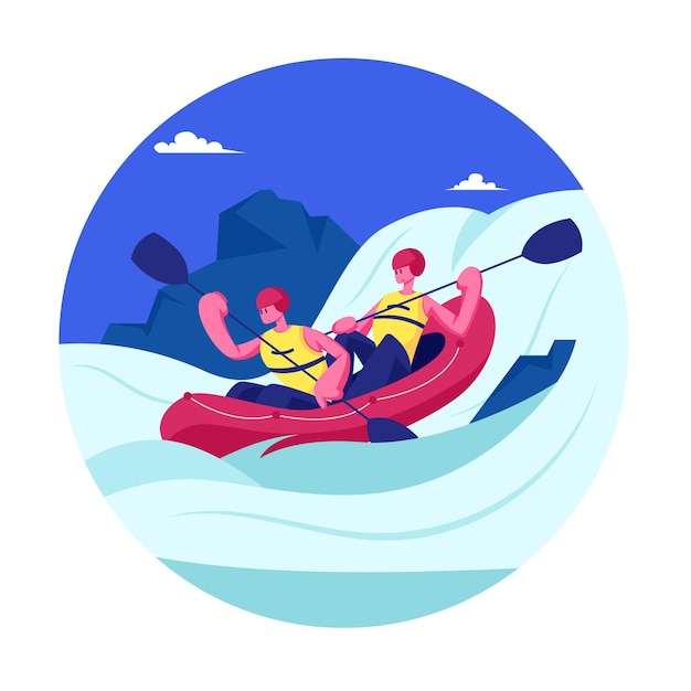 Kayaking or Rafting Sport Competition. Sportsmen Rowing in Kayaks at Rocky Shore. Cartoon Flat Illustration