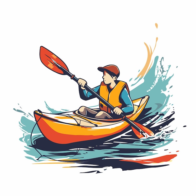 Kayaking in the sea Vector illustration of a man in a kayak