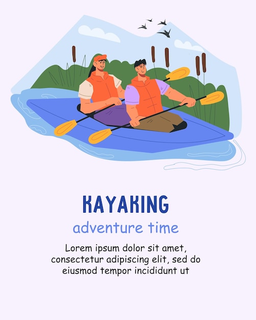 Vector kayaking sport and adventure banner or poster background flat cartoon vector