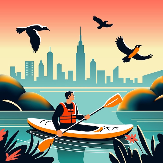 Vector kayaking in urban sunset scene