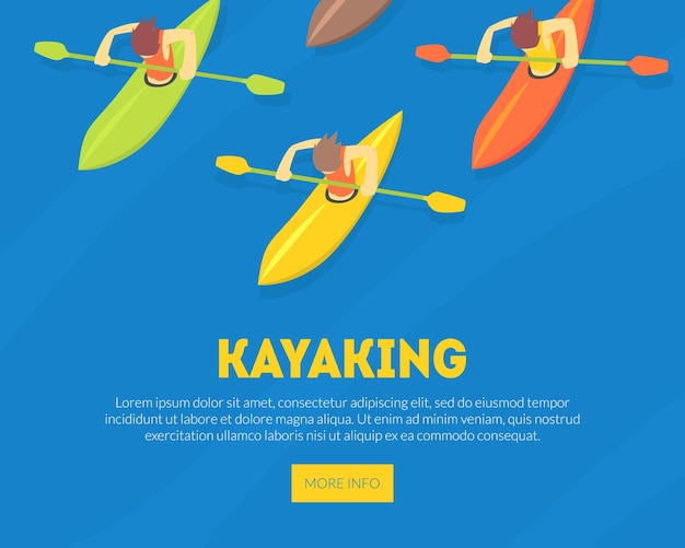 Kayaking sport acquatico landing page template atleti paddling kayaks sport estremo vector illustration web design