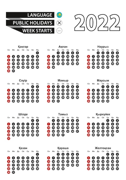 Vettore calendario kazako 2022 con numeri in cerchio, la settimana inizia di domenica. 2022 con bandiera del kazakistan.