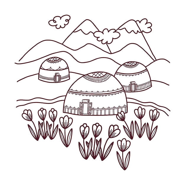 Vector kazakh yurts in the mountains in spring with tulips coloring page