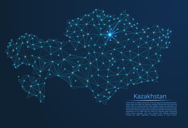 カザフスタン通信ネットワーク地図ライト付きの世界地図のベクトル低ポリ画像