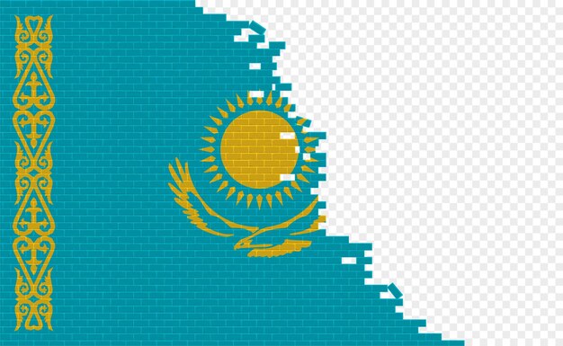 壊れたレンガの壁にカザフスタンの旗。別の国の空のフラグ フィールド。国比較。