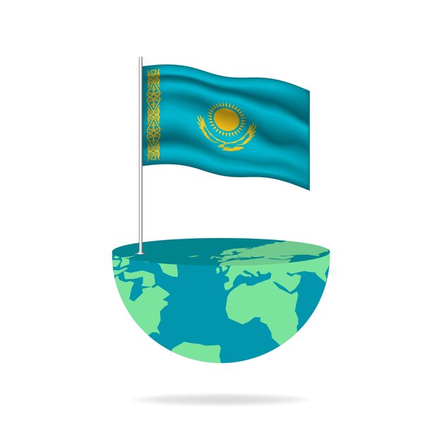 Kazakhstan flag pole on globe. Flag waving around the world.