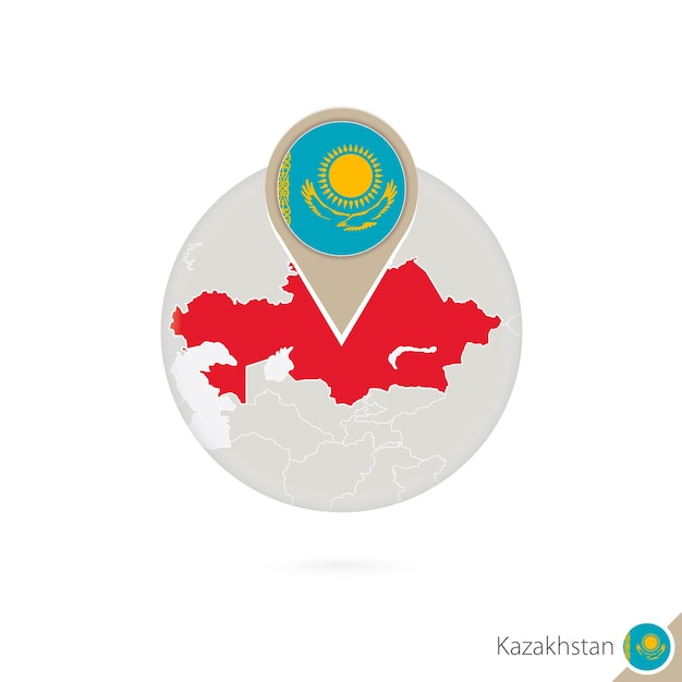 カザフスタンの地図と円の旗。カザフスタンの地図、カザフスタンの旗ピン。地球のスタイルでカザフスタンの地図。ベクトルイラスト。