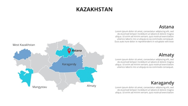 Инфографический шаблон векторной карты Казахстана, разделенный по штатам, регионам или провинциям