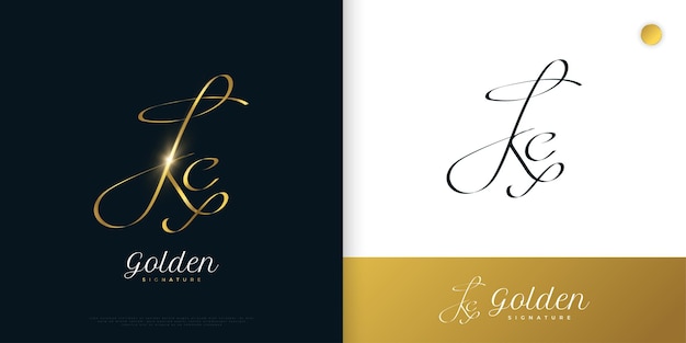 Kc initial signature logo design with elegant and minimalist gold handwriting style initial k and c logo design for wedding fashion jewelry boutique and business brand identity