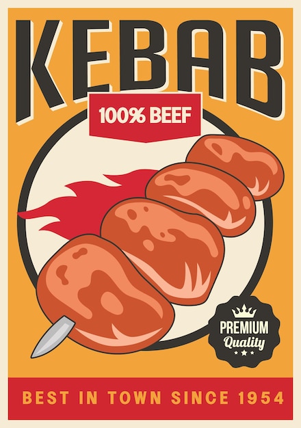 케바브 바베큐와 패스트푸드 레스토랑은 레트로 포스터 터 디자인을 광고합니다.