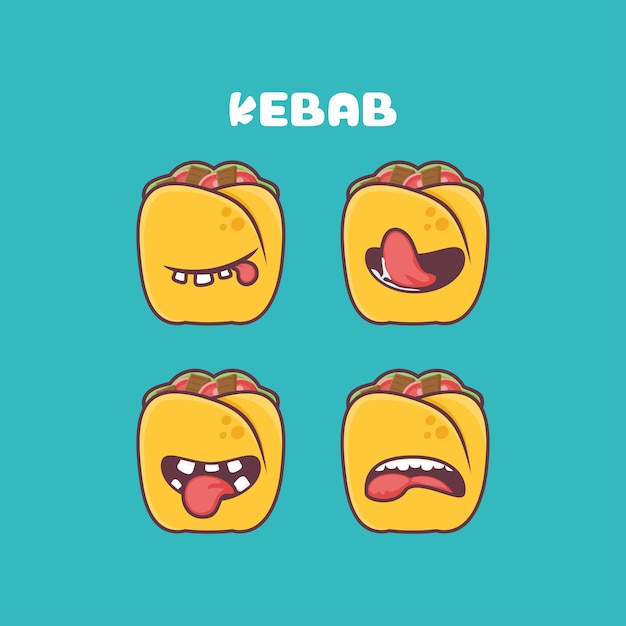 Illustrazione vettoriale di cibo del fumetto di kebab con diverse espressioni della bocca