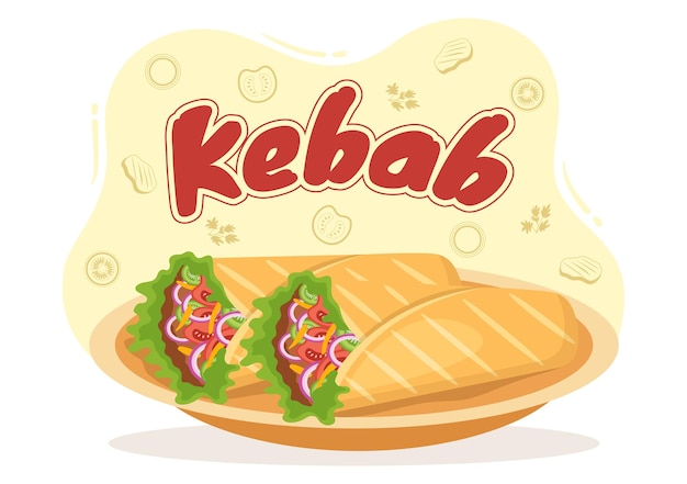 Иллюстрация кебаба с начинкой из куриного или говяжьего мяса и овощами в хлебной тортилье