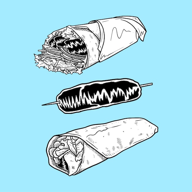 Vector kebab voedsel hand getrokken illustratie zwart en wit