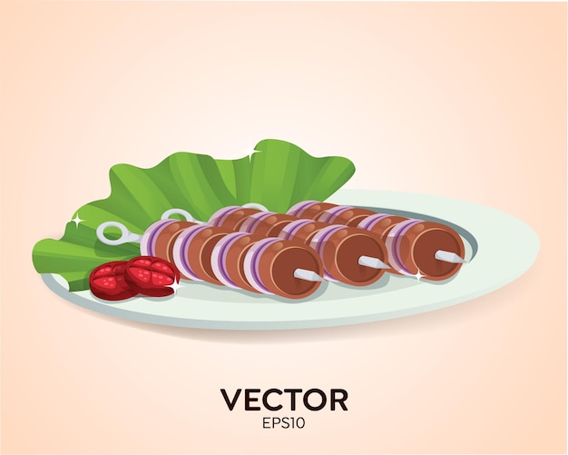 Vector kebabs set, roast meat, shashlik vector banner, illustration with meat pieces on wooden skewers