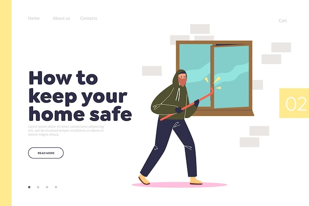 Keep home safe from burglary concept of landing page with burglar breaking in house with crowbar through window. Cartoon thief robber intruding in apartment. Flat vector illustration