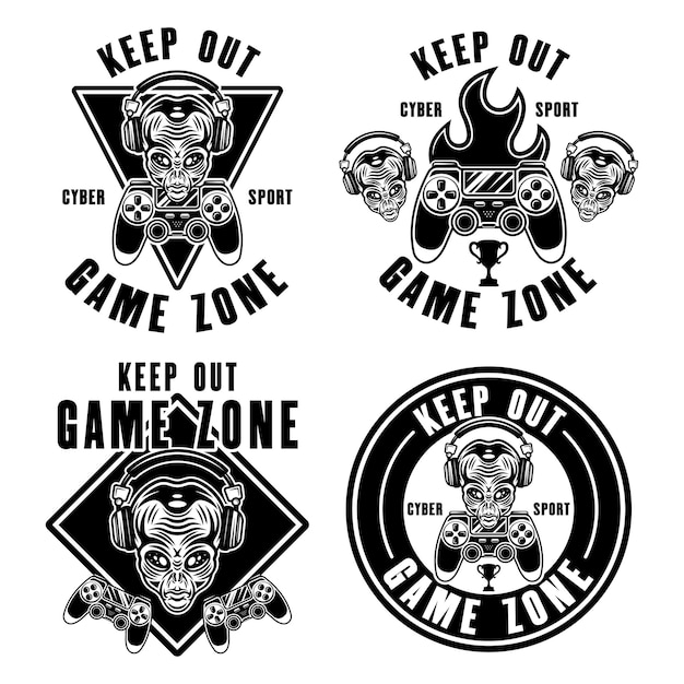 Keep out game zone set of vector emblems signs or stickers with alien head in headphones and gamepad in black style on white background