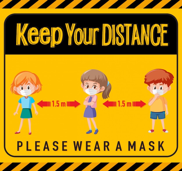 Keep your distance or social distancing sign with children cartoon characters