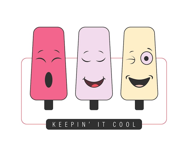 Keepin' it cool summer design vettoriale per le vacanze con simpatico cartone animato gelato