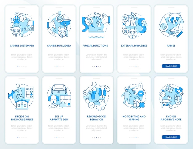 개를 건강하고 안전하게 유지하는 파란색 온보딩 모바일 앱 화면 세트