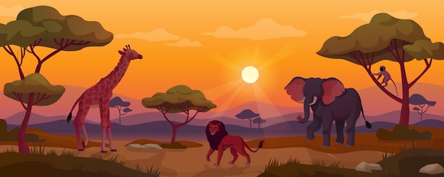 Kenia zonsondergang Afrika plaine landschap dierlijke silhouetten in weide Afrikaanse safari prairie wildlife giraffe savanne wildernis panoramische achtergrond ingenieuze vectorillustratie van Afrika landschap