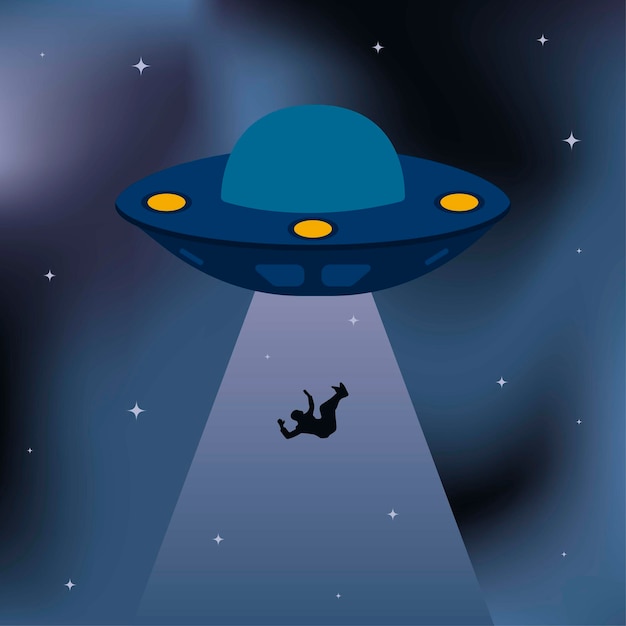 Kentekensticker met vliegende schotel UFO en ontvoerende mens op donkere achtergrond met kleurovergang met starsx