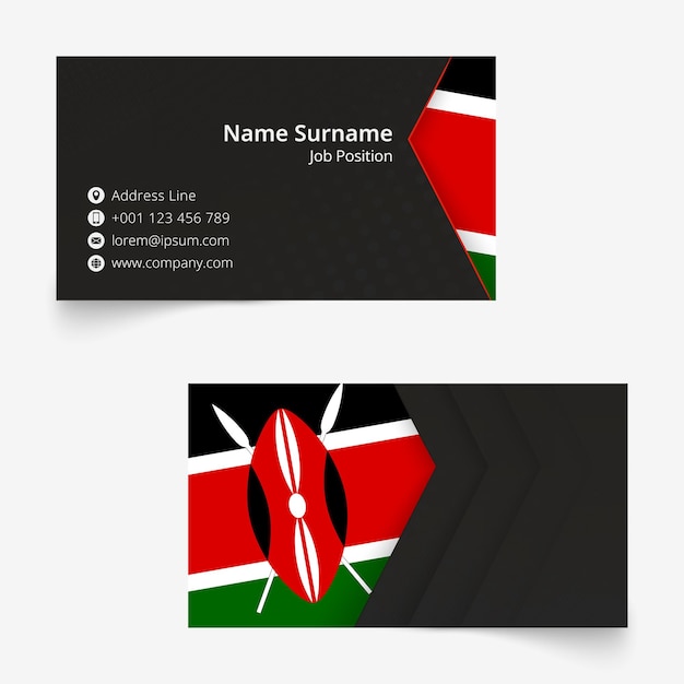 ケニアの国旗の名刺、クリッピングマスクの下にブリード付きの標準サイズ（90x50 mm）の名刺テンプレート。