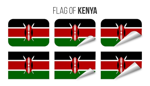 ケニアの旗ラベルステッカーセットベクトルイラスト白で隔離ケニアの3d旗