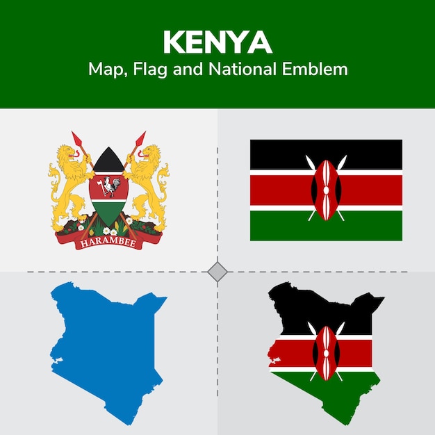 Mappa del kenya, bandiera e emblema nazionale