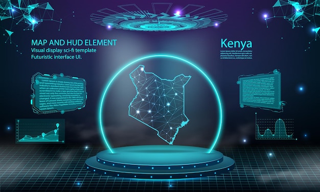 ケニア地図光接続効果背景抽象デジタル技術 UI GUI 未来的な HUD ケニア地図との仮想インターフェイス霧の中のステージ未来的な表彰台