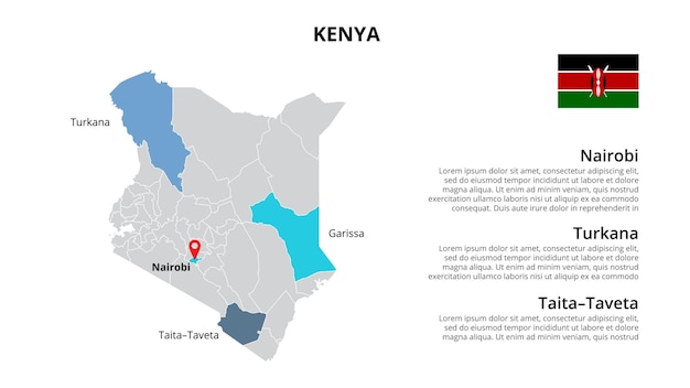 Modello di infografica mappa vettoriale kenya diviso per stati regioni o province presentazione diapositiva