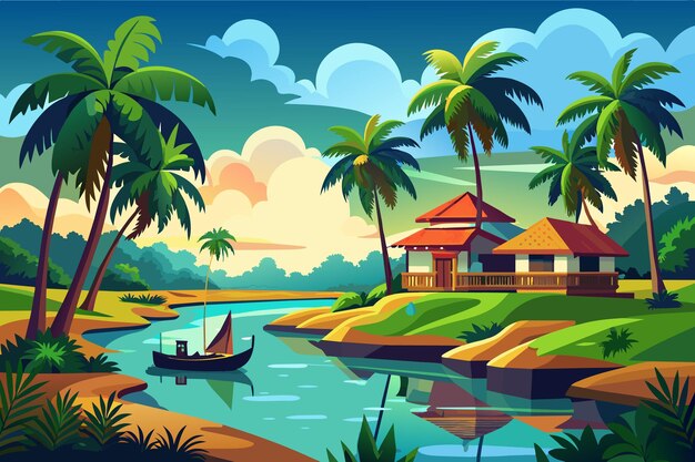 Kerala Backwater Ландшафтный мультфильм вектор Иллюстрация концепция художественной работы плоского стиля