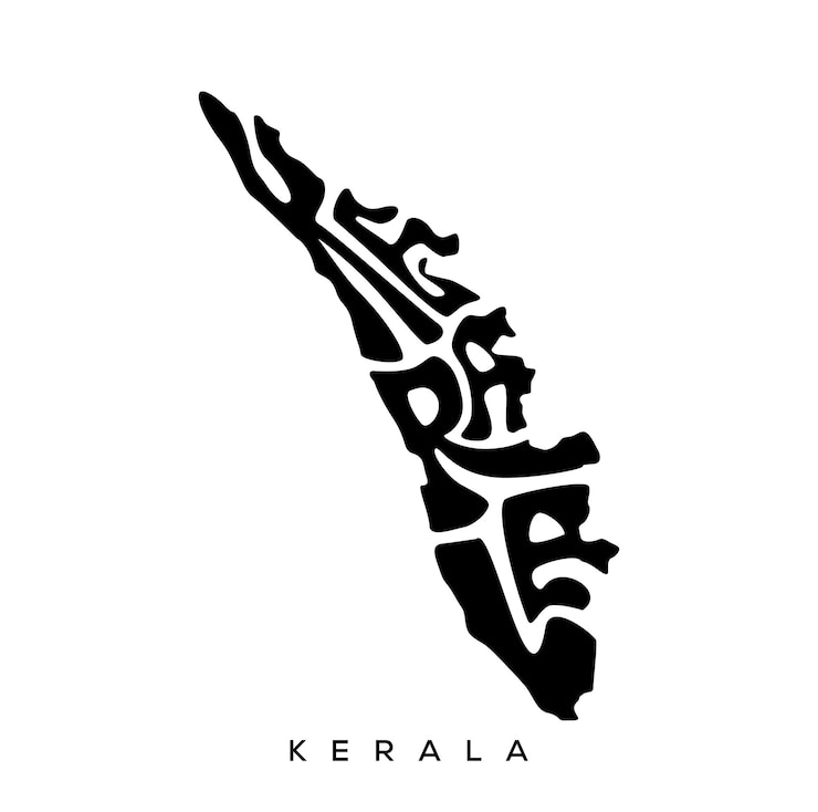 Vector kerala kaart belettering in engelse typografie kerala kaart belettering zwart en wit