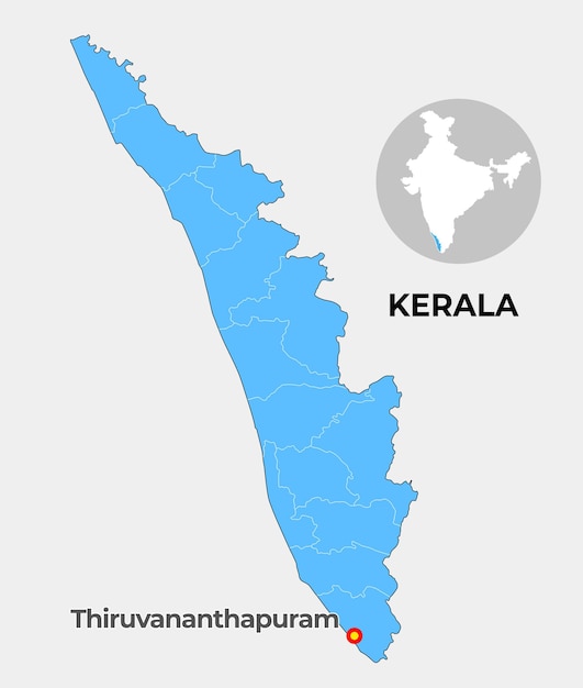 케랄라 지역 지도에는 지역과 수도가 표시되어 있습니다.