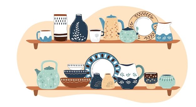 Vector keramisch kookservies decoratief handgemaakt keukengerei of servies