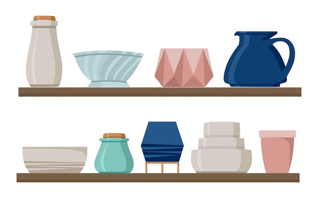 Keramisch servies op de plank set Vector illustratie