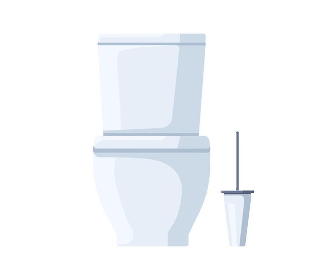 Keramische toiletpot met tank. Toiletzitting met deksel. WC-sanitair en borstel. Verzonken zitting. Modern eendelig toilet, wasruimte faciliteit. Platte vectorillustratie geïsoleerd op een witte achtergrond.