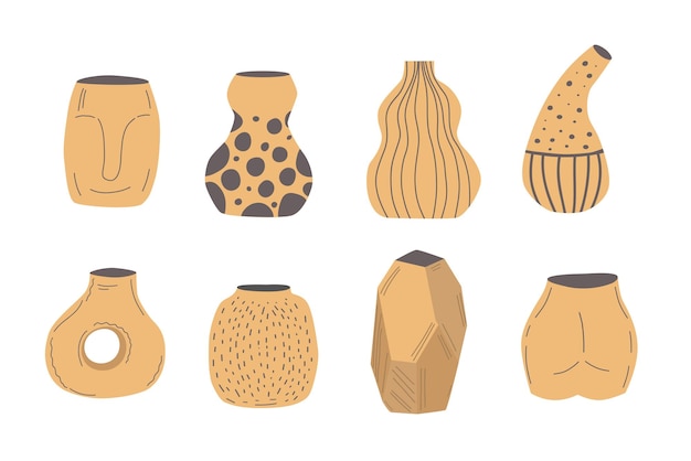 Keramische vazen set Vazen van verschillende vormen met de hand getekende platte vector set trendy illustratie