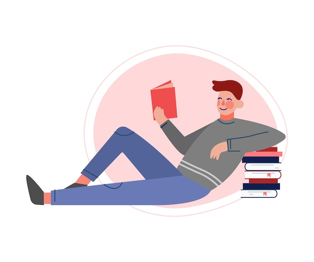 Kerel die op de vloer zit en een boek leest Mannelijke universiteit of universiteitsstudent Jonge man die geniet van het lezen van literatuur Vector illustratie