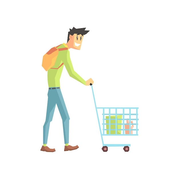 Kerel doet boodschappen plat geïsoleerde vectorillustratie in cartoon geometrische stijl op witte achtergrond