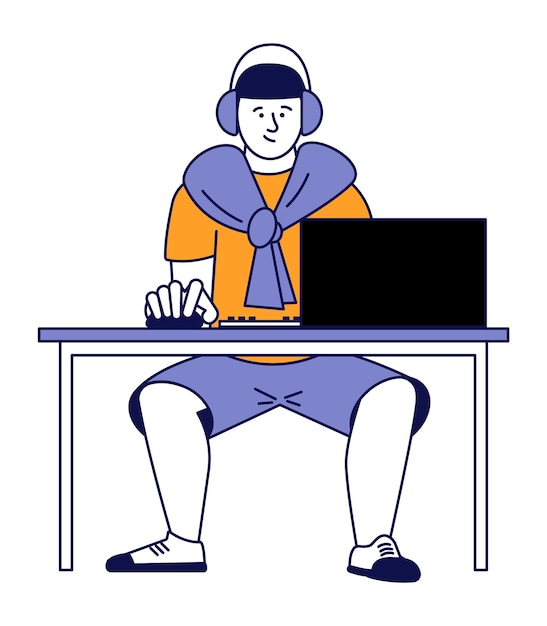 Kerel in hoofdtelefoon die bij computer werkt. Jongen die spelletjes speelt. vector illustratie