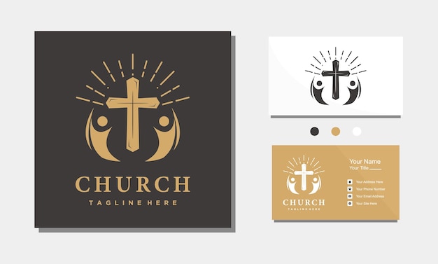 Kerk christelijk kruis sunburst en mensen logo ontwerp pictogram vector